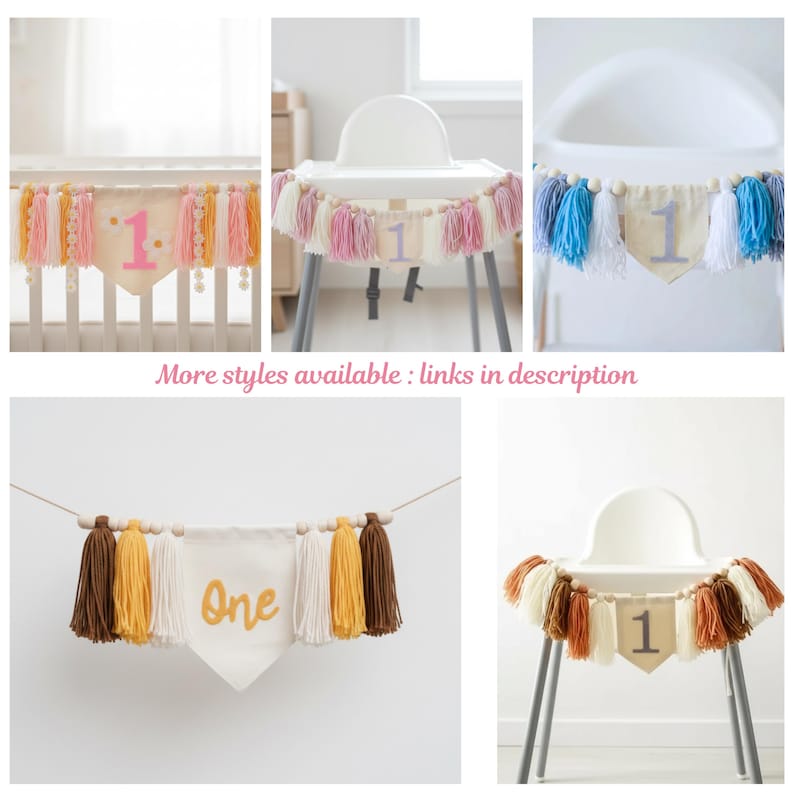 May include: A collection of handmade fabric banners with tassels and wooden beads. The banners feature the number "1" or the word "One" in various colors, perfect for a first birthday celebration. The banners are in shades of pink, white, yellow, brown, and blue.