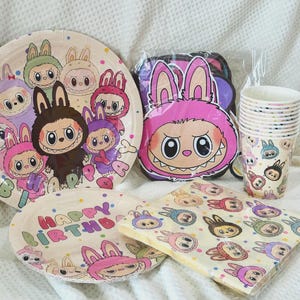 Bunny Kids Birthday Party Supplies Plates Banner Cups Napkins Foil Balloons Cake Cupcake Toppers Stickers Party Favors