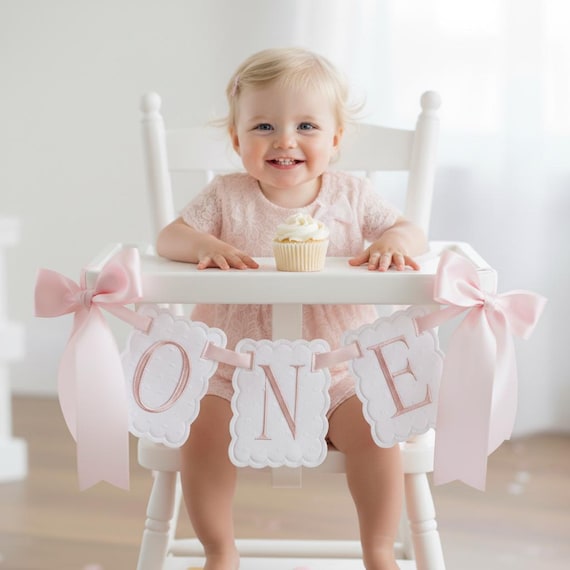 Pink blue 1st birthday Highchair Banner Dessert Table Banner & Birthday Hat - Embroidered Bow First Birthday Decor for Baby Girls Baby Boys