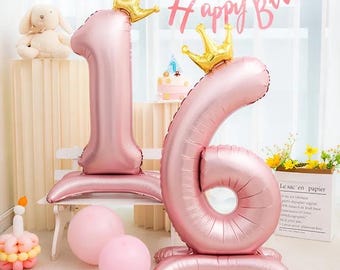 Centro de mesa con globos rosados de 42" y corona dorada: decoración para fiesta de cumpleaños de 42"