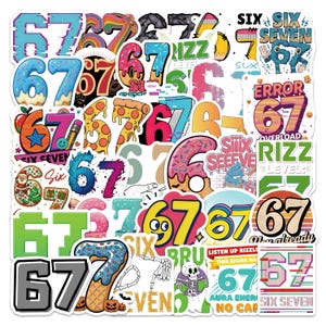May include: A collection of colorful stickers featuring the numbers 6 and 7 in various designs. Some stickers have text like "Six Seven", "Error 67", and "Rizz Level". The stickers are in a variety of styles, including donuts, pizza, and cartoon characters.