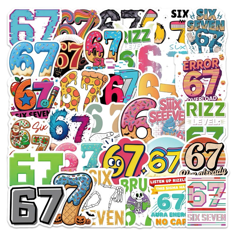 May include: A collection of colorful stickers featuring the numbers 6 and 7 in various designs. Some stickers have text like "Six Seven", "Error 67", and "Rizz Level". The stickers are in a variety of styles, including donuts, pizza, and cartoon characters.