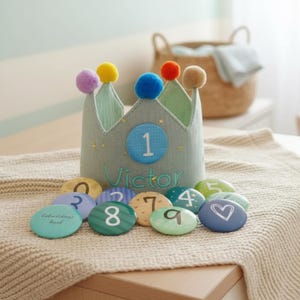 Personalized Soft Fabric Birthday Crown Hand Embroidered Name Interchangeable Number Badges Toddler Milestone Keepsake