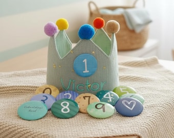 Personalized Soft Fabric Birthday Crown Hand Embroidered Name Interchangeable Number Badges Toddler Milestone Keepsake