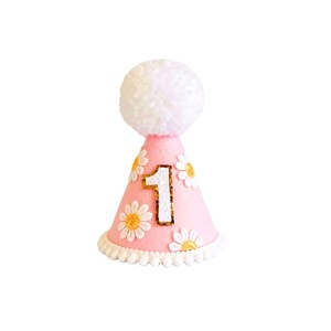 May include: A pink party hat with a white pom-pom on top. The hat is decorated with white daisies and the number 1 in gold glitter. The bottom edge has a white scalloped trim. A festive accessory for a first birthday celebration.