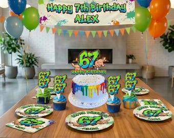 Personalized 67 Party Decor Custom Name 67 theme Napkin | 6 7 Party Supplies, Cake Topper, Plates, Napkins, Stickers