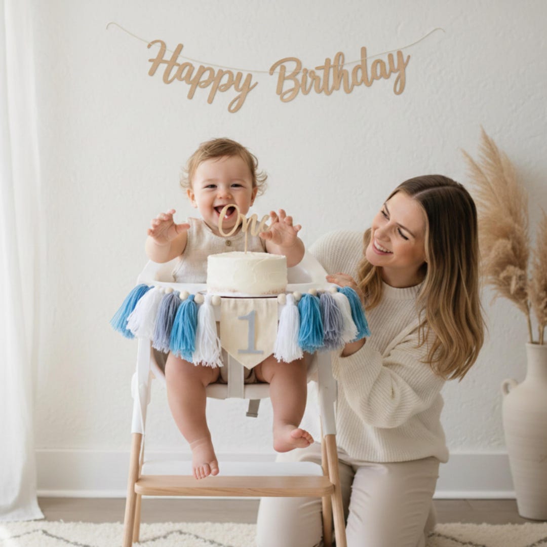 Boy First Birthday Highchair Banner ONE Tassel & Wood Bead Baby High ...