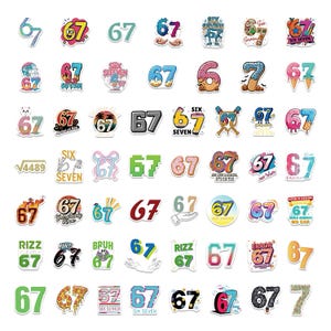 May include: A collection of colorful stickers featuring the number 67 in various designs. Some stickers include additional text like "Six Seven," "Rizz," and "Error Overload." The stickers have diverse styles, including cartoon and pixelated designs.