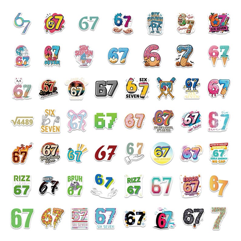 May include: A collection of colorful stickers featuring the number 67 in various designs. Some stickers include additional text like "Six Seven," "Rizz," and "Error Overload." The stickers have diverse styles, including cartoon and pixelated designs.