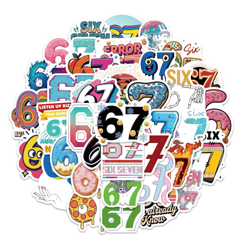 May include: A collection of colorful stickers featuring the numbers six and seven, along with the combined number 67. The stickers have various designs, including donuts, emojis, and text like "SIX SEVEN" and "ERROR".