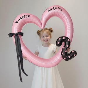Rosa Herz Fotorahmen Ballon Set mit schwarzer Schleife, süße Zahlenballon - Mix & Match Zahlen für Custom Age Birthday Party Dekorationen