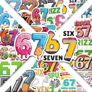 May include: A collection of colorful stickers featuring the numbers six and seven in various designs. Some stickers have a donut, ice cream cone, and pencil theme. Other stickers have the words "SIX" and "SEVEN".