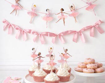 Pink Bow Ballerina Party Decor, Tutu Banner, Cake Topper & Number Balloon Set