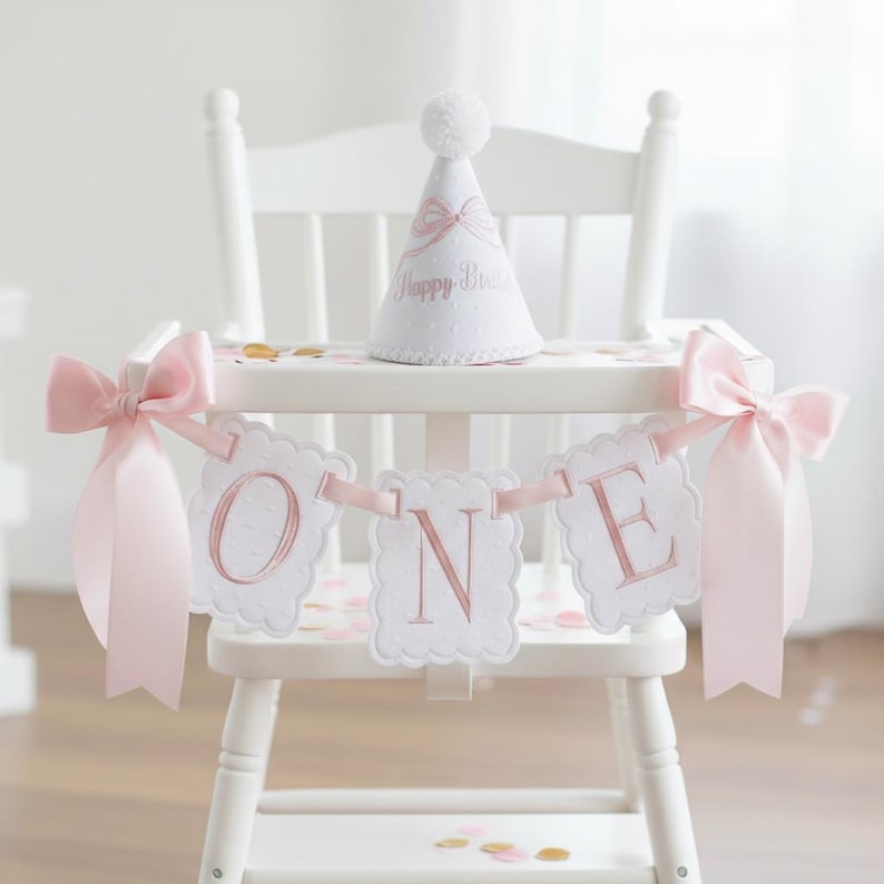 May include: A white high chair decorated for a first birthday. It features a banner that spells "ONE" in pink letters, a matching party hat with a pom-pom, and pink bows. Confetti is scattered on the chair.