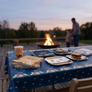 Può includere: Una tovaglia blu scuro con motivo s'mores, un bicchiere di carta con stampa di falò, una pila di tovaglioli quadrati con il testo S'MORE LOVE e piatti di carta quadrati con un personaggio marshmallow a cartone e s'mores.
