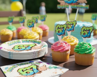 67 theme Cake Topper  Custom Name Personalized Party Supplies Cake Topper Plates Napkins