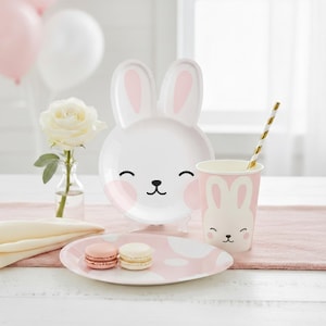 Easter Party Supplies Bunny Shaped Plates Cups Easter Tableware Set Spring Birthday Baby Shower Rabbit Party Bundle