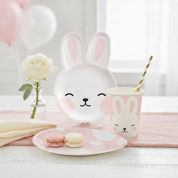 Ostern Party Zubehör Häschenförmige Teller Tassen Ostern Geschirr Set Frühling Geburtstag Baby Shower Kaninchen Party Bundle