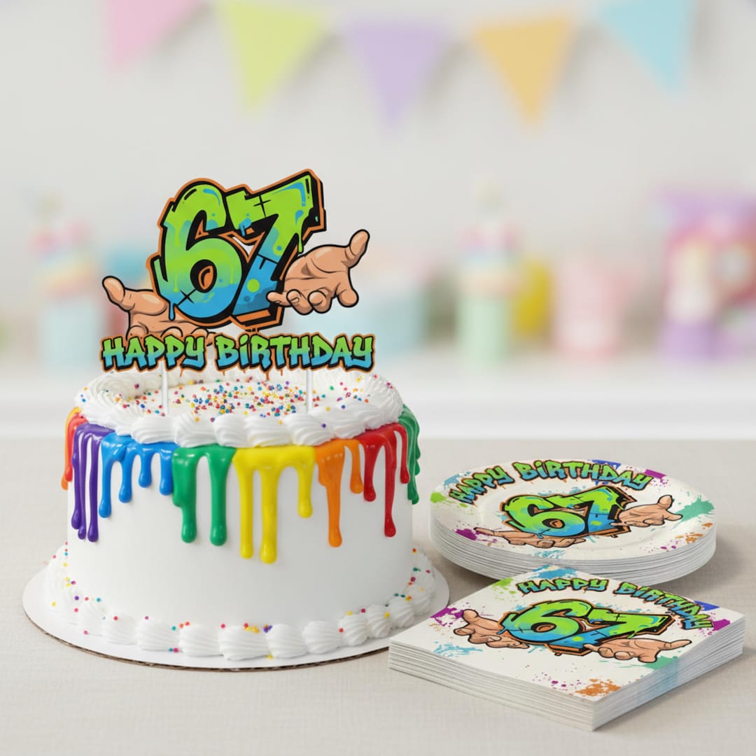 67 Birthday Party Bundle Birthday Banner, Tablecloth, Cake Topper