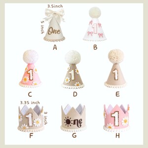 May include: Assortment of eight birthday party hats and crowns. Styles include cone hats with pom-poms, the number "1", and daisy accents. One hat is 5 inches tall and 3.5 inches wide. Crowns are 3 inches tall and 3.35 inches wide.