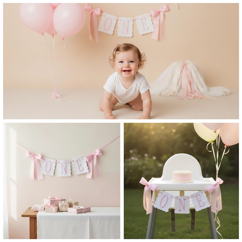 May include: A collage of images celebrating a first birthday. The images include a baby crawling, pink balloons, a banner that says "ONE", a high chair with a small cake, and wrapped gifts. The color scheme is soft pink and white.