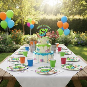 May include: A three-tiered birthday cake with green and blue icing drips, topped with a "Happy Birthday 67" cake topper. The table is set with plates, cups, and napkins, and decorated with balloons in a garden setting.