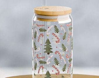 Christmas Glass Cup | Green Christmas Trees & Candy Cane Watercolor Design | Festive Holiday Drinkware Gift