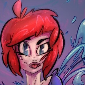 Pode incluir: Uma ilustração digital de uma mulher com cabelo ruivo e olhos azuis. Ela está vestindo uma camisa azul e está cercada por água azul girando.
