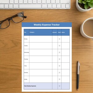 Peut inclure: Un suivi des dépenses hebdomadaires imprimé avec un en-tête bleu et des colonnes pour le jour, la catégorie, le montant, payé et les notes. Sur un bureau en bois avec un clavier, des lunettes, un stylo, une tasse de café et une petite plante.