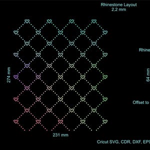 May include: A digital rhinestone layout design featuring a repeating diamond pattern with heart accents in a gradient of colors on a black background. Text includes Rhinestone Layout 2.2 mm, Rhinestone Pattern Creator, 274 mm, 231 mm, 64 mm, 66 mm, Offset to create the pattern - 55 mm, and Cricut SVG, CDR, DXF, EPS.