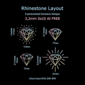 May include: A digital graphic titled Rhinestone Layout featuring 8 personalized Exclusive Designs. The image displays four diamond-shaped patterns made of dots, with dimensions labeled in inches and millimeters, including 4 inches by 112mm, 2.7 inches by 77mm, and 5.5 inches by 151mm.
