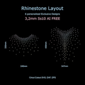May include: A digital graphic displaying a Rhinestone Layout with 6 personalized exclusive designs for 3.2mm Ss10 stones. The image features two white dot patterns on a black background with dimensions of 330mm by 240mm and 400mm by 347mm. Includes Cricut Cutout SVG, DXF, EPS.