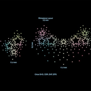 May include: A black background displays two rhinestone star designs. One is a diamond shape, 11.4 mm wide and 9.2 mm high. The other is a curved design, also 11.4 mm wide and 9.2 mm high. Text reads "Rhinestone Layout 3.2 mm" and "Cricut SVG, CDR, DXF, EPS."