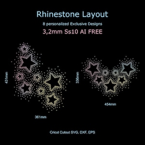 May include: A digital rhinestone layout featuring two star-themed designs on a black background. Text includes "Rhinestone Layout", "8 personalized Exclusive Designs", "3.2mm Ss10 AI FREE", and "Cricut Cutout SVG, DXF, EPS". Dimensions are 431mm, 361mm, 336mm, and 454mm.