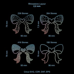 May include: Four rhinestone bow designs are shown against a black background. Each bow is constructed from small, coloured dots. The bows vary in size, with measurements in millimetres and stone counts. Text includes "Rhinestone Layout 2.2 mm" and "Cricut SVG, CDR, DXF, EPS."