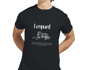 May include: Black t-shirt featuring the word "Leopard" in white, a leopard graphic, and text below. The year 2023 is in blue. The leopard graphic is in black and white.