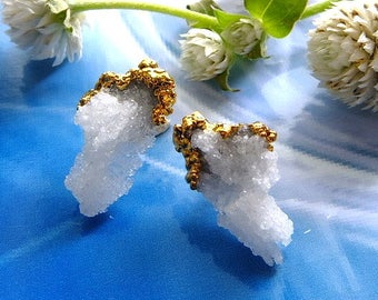 Morocco Raw Crystal  earrings  Electroformed 24k gold plating