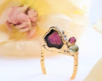 Watermelon Tourmaline and Spinel Ring   24KGP