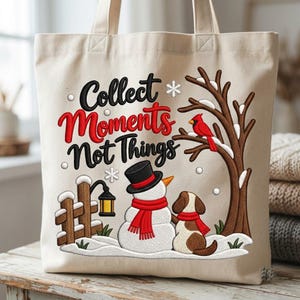 Samla ögonblick, inte saker, broderidesign, snögubbe, hundkardinal, vintermaskinbroderifil, digital nedladdning av julklapp