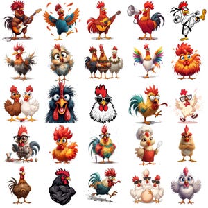 Könnte beinhalten: Eine Sammlung von Cartoon-Hahn-Illustrationen in verschiedenen Posen und Stilen. Einige Hähne spielen Musikinstrumente, tragen Sonnenbrillen oder sind in Kochkleidung gekleidet. Die Bilder zeigen lebendige Farben und detaillierte Kunstwerke.
