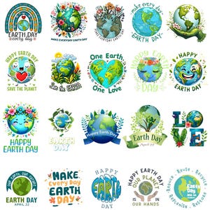 Może przedstawiać: Kolekcja kolorowych wzorów z motywem Dnia Ziemi. Projekty zawierają ilustracje Ziemi, kwiatów i tekstów takich jak "Happy Earth Day", "Save the Planet" i "One Earth, One Love". Projekty są w różnych kształtach i stylach.