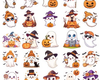 Halloween Ghost PNG Bundle Ghost Stickers Halloween Aesthetic Clipart Cute Ghost PNG Bundle