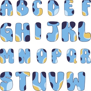 Puede incluir: Un conjunto completo del alfabeto, con letras mayúsculas de la A a la W. Cada letra es de color azul claro con lunares azul oscuro y detalles amarillos. Las letras tienen una fuente redondeada y juguetona.