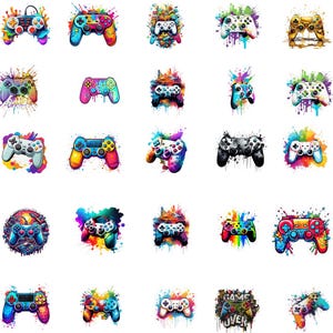 May include: A collection of colorful watercolor-style video game controller designs. Each controller features a unique color scheme, with splashes of paint surrounding the devices. The controllers are in various styles, with some featuring buttons and others with a more streamlined design.