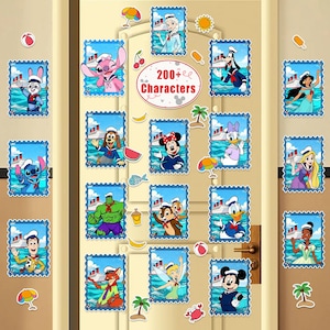 May include: A collection of colorful character stickers, including Disney characters, arranged on a door. Each character is depicted in a nautical theme within a blue postage stamp frame. The text "200+ Characters" is also visible.