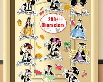 May include: A collection of colorful graduation stickers featuring various cartoon characters, each wearing a graduation cap and gown. The stickers include the text "Custom Name" and "2026". The image also includes the text "200+ Characters".