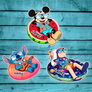 May include: Three cartoon character stickers: Mickey Mouse in a watermelon float, Stitch playing a ukulele on a pink float, and Buzz Lightyear with a drink on a space-themed float. Each has sunglasses and the word "NAME".