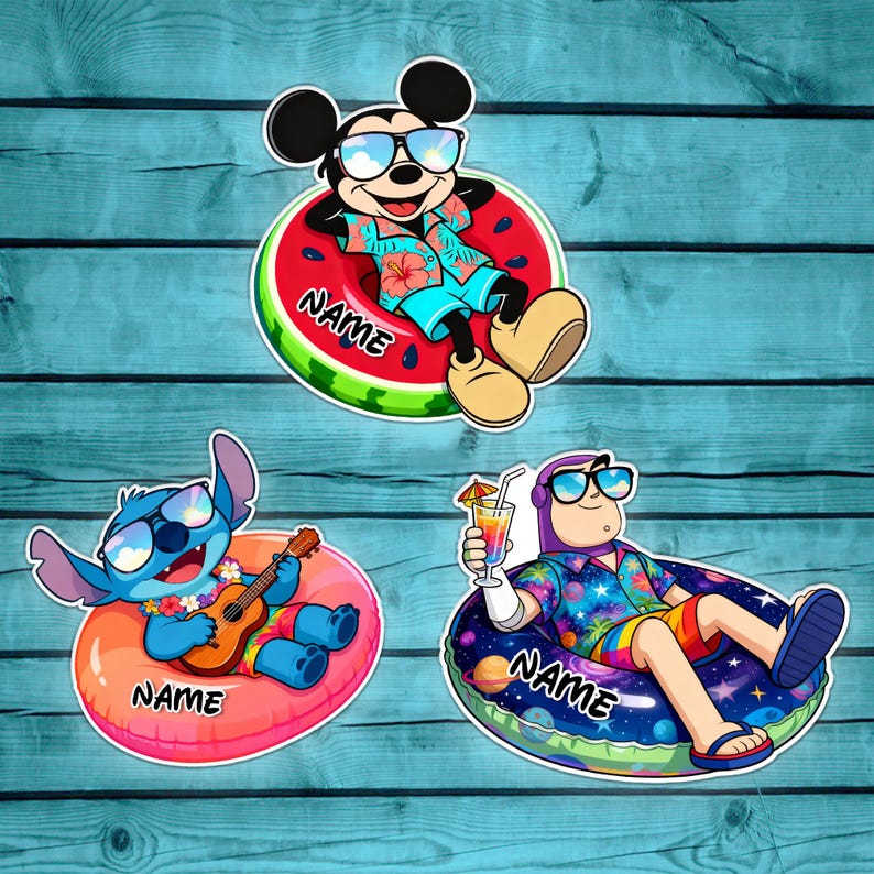 May include: Three cartoon character stickers: Mickey Mouse in a watermelon float, Stitch playing a ukulele on a pink float, and Buzz Lightyear with a drink on a space-themed float. Each has sunglasses and the word "NAME".