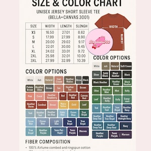 May include: A size and colour chart for a unisex jersey short sleeve tee shirt. The chart shows size, width, length, and sleeve length measurements in inches. Colour options are displayed in a grid, with fibre composition details at the bottom.