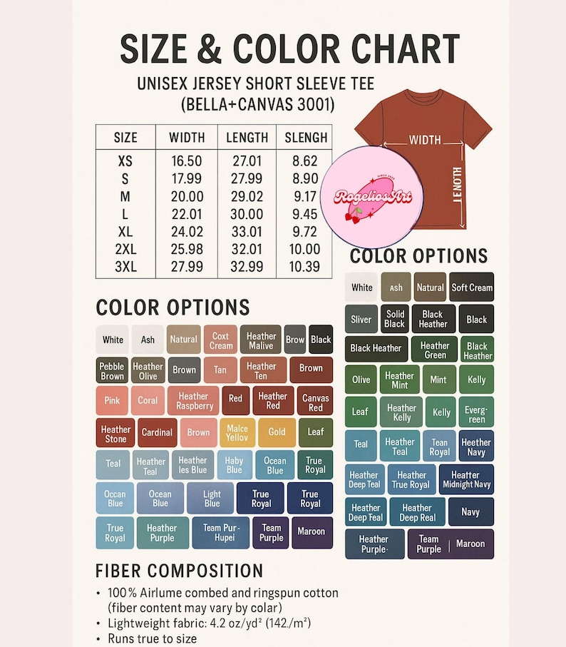 May include: A size and colour chart for a unisex jersey short sleeve tee shirt. The chart shows size, width, length, and sleeve length measurements in inches. Colour options are displayed in a grid, with fibre composition details at the bottom.